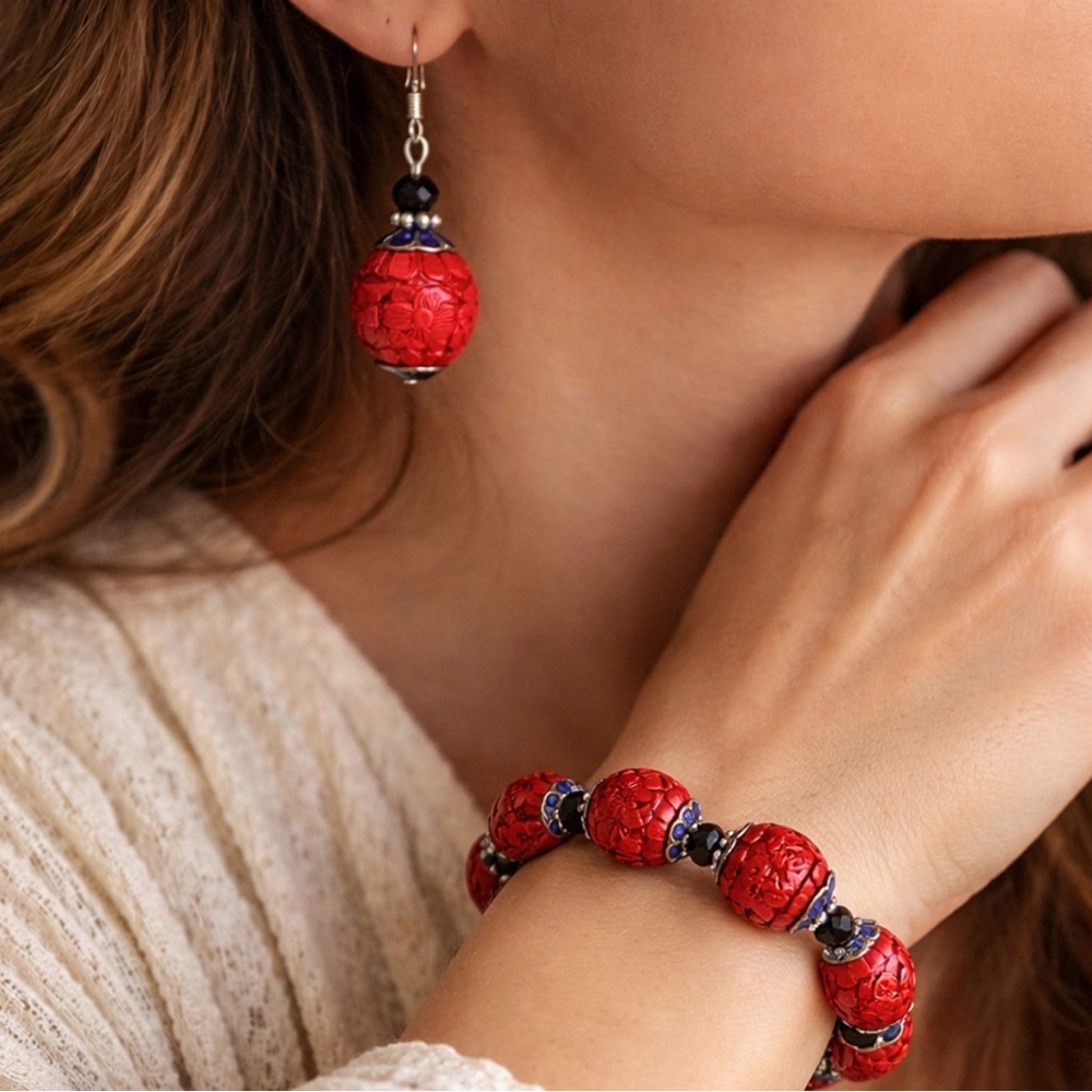 Artisan Red Carved Bead Bracelet & Earrings Set Stretch Floral 1.75”